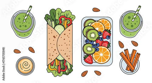 Flat lay illustration of healthy food items including a wrap, fruit, smoothies, and snacks on a white background.