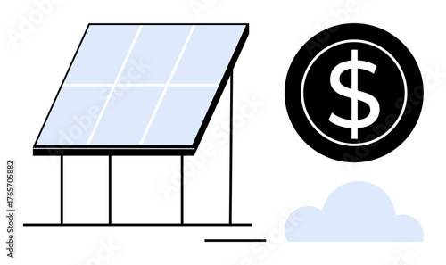 Solar panel converting sunlight into energy, dollar sign symbolizing cost savings, minimal cloud. Ideal for renewable energy, finance, sustainability, cost efficiency, green technology, clean power