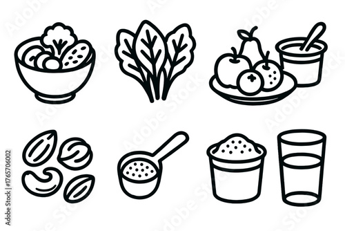 Balanced Diet Icons. Balanced Vegetarian Diet outline set: protein bowl, leafy greens, grains, fruit plate, yogurt cup, nuts, measuring spoon, water glass.,