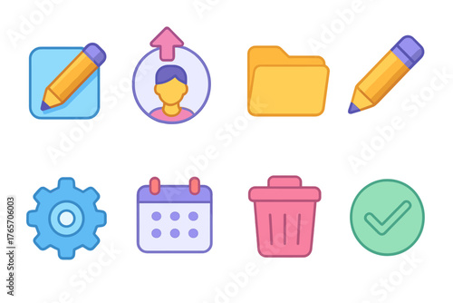 Isometric Profile Icons. Profile Management flat icons: edit icon, upload photo, folder, pencil, settings gear, calendar, delete, checkmark.