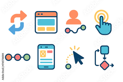 Modern UX Iconography. UX Pathway flat icons: flow arrows, interface layout, user symbol, journey map, touch gesture, screen diagram, cursor path, process flow., , High resolution,