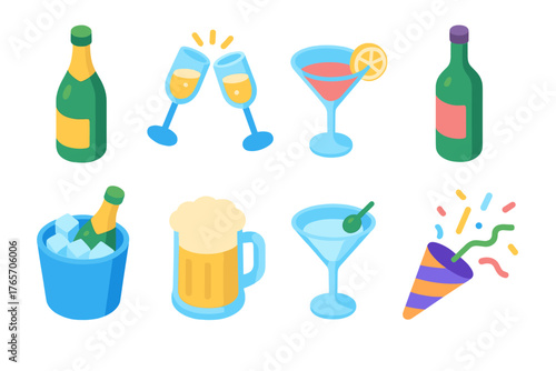 Vibrant Drink Icons. Champagne and Drinks Set flat icons: champagne bottle, clinking glasses, cocktail glass, wine bottle, bucket with ice, beer mug, martini glass, confetti popper