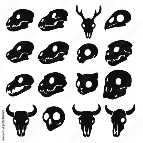 Animal Skulls Silhouettes. Animal skulls icons in silhouette. Bear skull, wolf skull, deer skull, bird skull, fox skull, horse skull, rabbit skull, cat skull