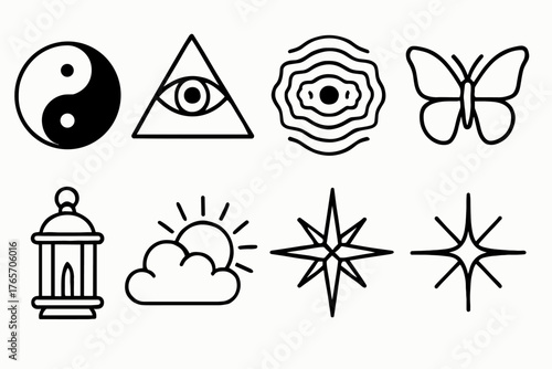 Symbolic Icon Series. Awareness outline set: yin-yang, eye in triangle, expanding waves, butterfly, lantern, cloud clearing, compass rose, spark.