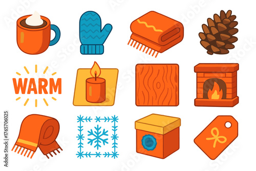Cozy Winter Icons. Winter Marketing – Cozy Campaigns flat icons: hot cocoa cup, wool mitten, fuzzy blanket, pinecone, warm typography, candlelight ad, rustic background, fireplace
