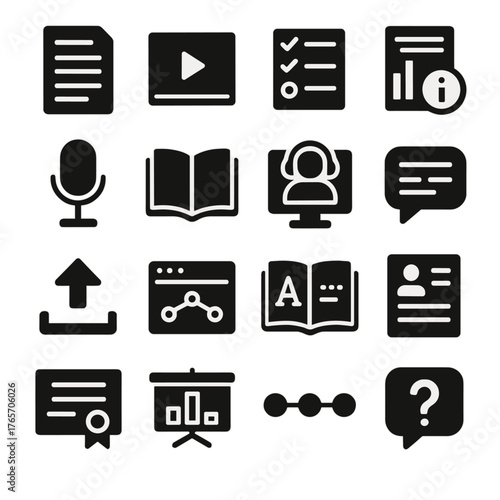 Educational Icons Collection. Educational website content types icons in silhouette. Article, video tutorial, quiz, infographic, podcast, e-book