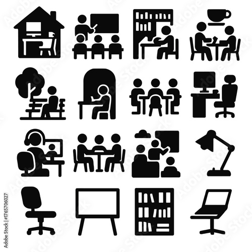 Educational Environment Icons. Video tuition environments and settings icons in silhouette. Home desk, classroom, library, coffee shop, park bench
