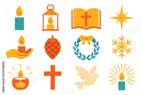 Candlelight Icon Array. Candlelight Reflection flat icons: candle flame, lantern, Bible, star, open hand, cross, pinecone, wreath, snowflake, glass candleholder, light rays, dove.