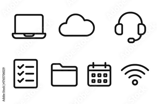 Digital Tools Icons. Remote Tools outline set: laptop, cloud storage, headset, chat bubble, task checklist, file folder, calendar, Wi-Fi symbol., , High resolution, sharp