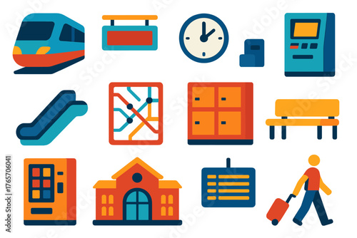 Modern Rail Station Icons. Rail Mobility Hub flat icons: train, platform sign, clock, ticket machine, escalator, subway map, luggage locker, vending machine, station building,