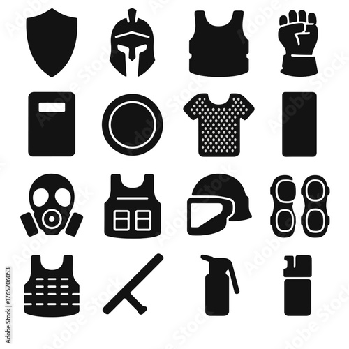 Defensive Gear Icons. Defensive weapons and armor icons in silhouette. Shield, helmet, body armor, gauntlet, riot shield, buckler, chainmail, tower