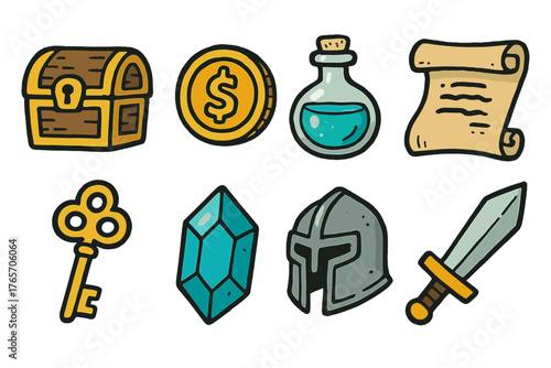 Doodle Game Icons. In-Game Items linear set: treasure chest, gold coin, potion bottle, magic scroll, key icon, gem crystal, armor helmet, weapon sword.