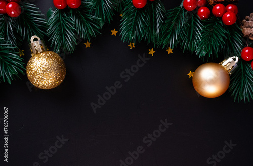 Christmas Border with Gold Ornaments on Black Background