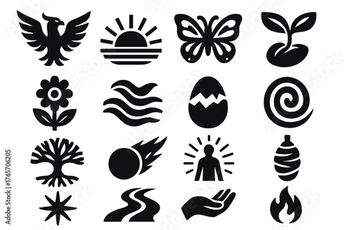 Icons of Rebirth. Rebirth silhouette set: phoenix, sunrise, butterfly, sprouting seed, blooming flower, flowing water, egg hatching, spiral, tree of life, comet, glowing aura,