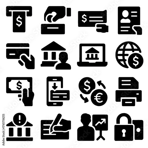 Banking Services Icons. Bank services and transactions icons in silhouette. Cash withdrawal, deposit slip, check cashing, loan application, credit