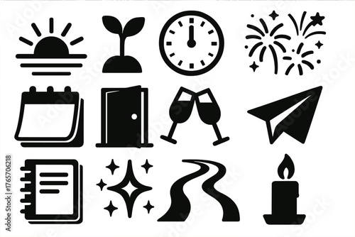 Brutalist New Year Icons. New Year New Beginnings silhouette set: sunrise glow, sprout, clock ticking midnight, fireworks, calendar flip, open door, champagne toast, paper airplane