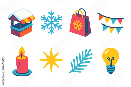 Winter Icon Set. Winter Pop-Ups flat icons: kiosk, snowflake, gift bag, garland, candle, starburst, pine branch, light bulb.