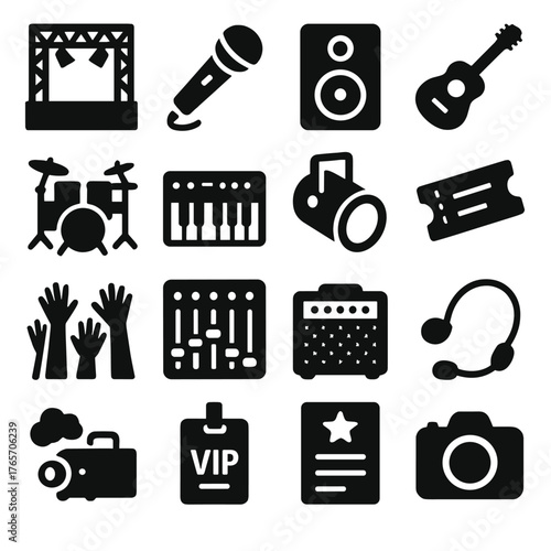 Concert Icons Collection. Concert essentials icons in silhouette. Stage, microphone, speaker, guitar, drum set, keyboard, spotlight, concert ticket