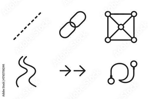 Geometric Connections Icons. Line Connection outline set: dotted line, link pins, geometric grid, river path, joining arrows, wire cable.
