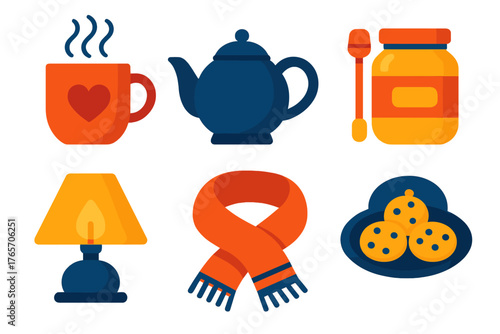 Cozy Beverage Icons. Warm Drink Vibes flat icons: steaming coffee, mug with heart, tea pot, honey jar, glowing lamp, scarf, cookie plate, peaceful scene.