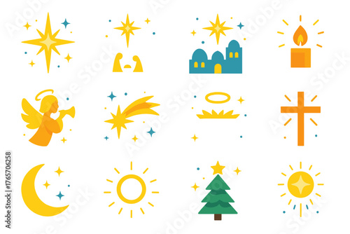 Vibrant Christmas Icons. Christmas Star flat icons: shining star, nativity scene, Bethlehem silhouette, candlelight, angel, comet trail, night sky, manger, cross, moon, glowing