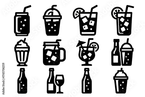 Cold Beverage Icons. Beverage Cold silhouette set: soda can with straw, iced coffee cup, lemonade glass, iced tea, milkshake glass, smoothie jar, cocktail with umbrella, mojito
