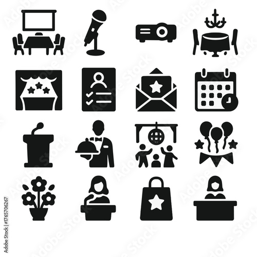 Event Icons Collection. Hospitality events and services icons in silhouette. Conference room, microphone, projector, banquet hall, stage, guest list