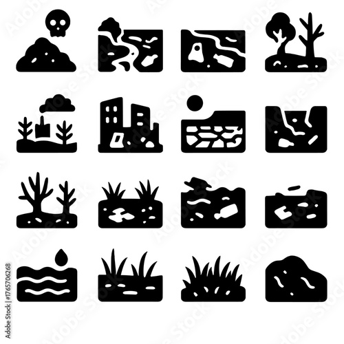 Pollution Icon Silhouettes. Pollution sources icons in silhouette. Garbage truck, illegal dumping, factory smokestack, overfilled landfill, oil