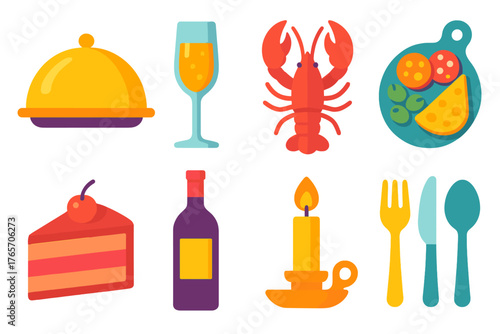 Elegant Dining Icons. Fine Dining Menu flat icons: cloche dish cover, champagne glass, lobster, charcuterie board, layered cake, wine bottle, candle, silverware set.