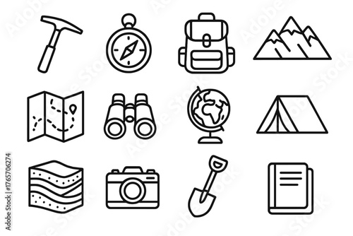 Geology Tools Icons. Field Geology outline set: hammer, compass, backpack, mountain, map, binoculars, globe, tent, rock layers, camera, shovel, notebook,