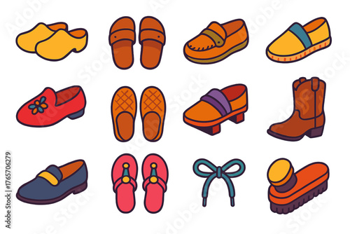Colorful Footwear Icons. Traditional Footwear Icons flat icons: wooden clogs, leather sandals, moccasins, espadrilles, embroidered slippers, woven shoes, geta, cowboy boots, dress