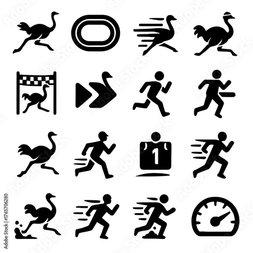 Ostrich Racing Icons. Ostrich Motion and Sports Themes icons in silhouette. Sprinting ostrich, race track icon, motion lines, ostrich with sweatband