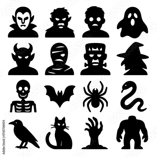 Silhouette Monster Icons. Horror creatures and monsters icons in silhouette. Vampire, werewolf, zombie, ghost, demon, mummy, Frankenstein, witch