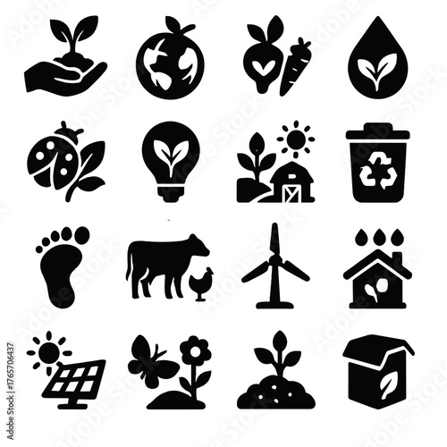 Eco Icon Collection. Apple environmental and sustainability icons in silhouette. Organic farming, eco-friendly, compost bin, water conservation