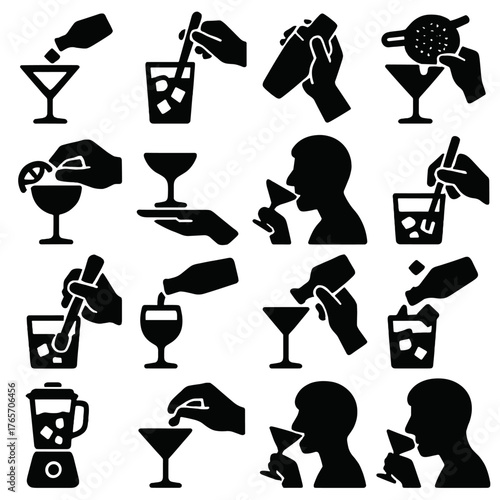 Cocktail Process Icons. Cocktail preparation stages icons in silhouette. Ice pouring, mixing, shaking, straining, garnishing, serving, sipping