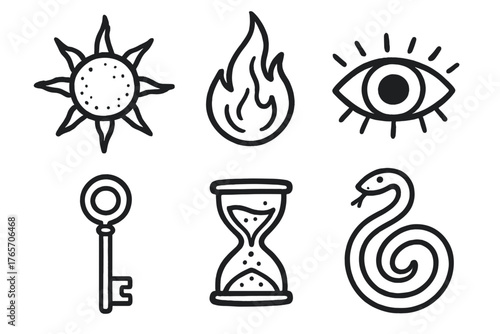 Prophecy Symbols Icons. Prophecy Symbols linear set: sun, flame, eye, key, hourglass, serpent.