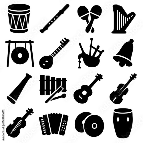 Musical Instrument Silhouettes. Cultural gatherings instruments icons in silhouette. Drum, flute, maracas, harp, gong, sitar, bagpipes, tambourine