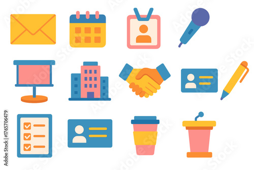 Corporate Event Essentials. Corporate Invitation Collection flat icons: formal envelope, meeting calendar, name badge, microphone, presentation stage, building icon, handshake, pen