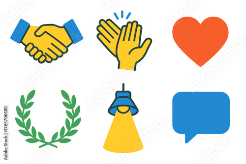 Symbolic Acknowledgment Icons. Acknowledgment flat icons: handshake, applause hands, heart, laurel wreath, spotlight, speech bubble.