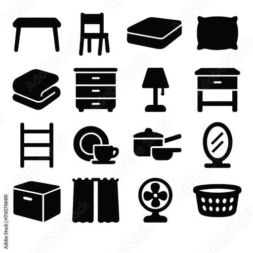 Silhouette Home Goods Icons. Donated Furniture and Home Goods icons in silhouette. Table, chair, mattress, pillow, blanket, dresser, lamp, nightstand