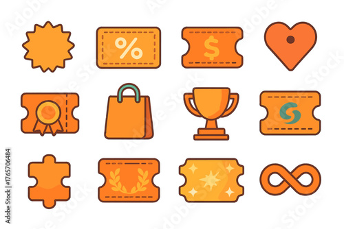 Isometric Coupon Icons. Symbolic coupons flat icons: starburst, percentage sign, dollar symbol, heart tag, ribbon, gift bag, trophy, abstract swirl, puzzle piece, laurel wreath,