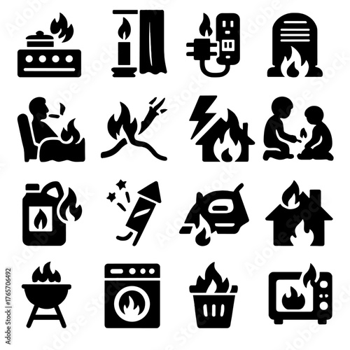 House Fire Hazards Icons. Causes of house fires icons in silhouette. Unattended stove, candle near curtain, overloaded outlet, space heater, smoking