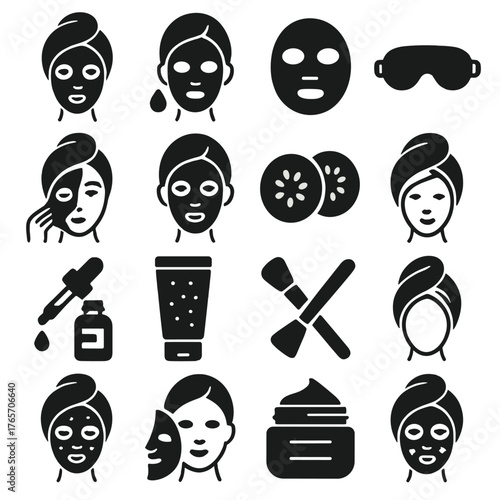 Beauty Mask Icons. Fashion and cosmetic masks icons in silhouette. Facial mask, clay mask, sheet mask, eye mask, sleeping mask, peel-off mask, mud