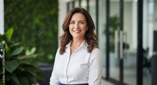 Confident Smiling Businesswoman in Office Setting - Professional Portrait of Mature Woman with Stylish Hair and White Shirt Looking at Camera with a Warm Smile