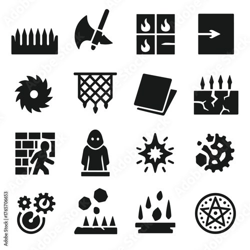 Fantasy Trap Icons. Fantasy Traps icons in silhouette. Spiked pit, swinging axe, fire tiles, poison dart hole, rotating blades, hidden net, trap door
