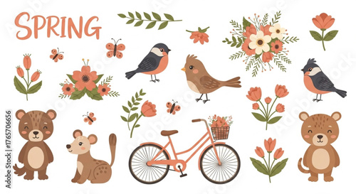 Spring Set – Cute Animals, Blooming Flowers & Bicycle Flat Cartoon Vector Collection