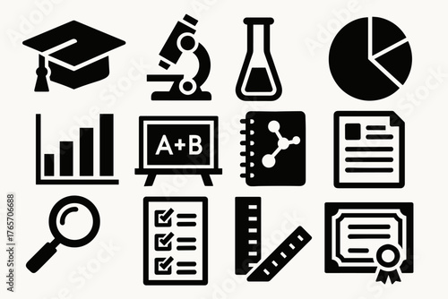 Brutalist Academic Icons. Academic critique silhouette set: graduation cap, microscope, test tube, pie chart, bar graph, chalkboard, lab notebook, report sheet, magnifying glass,