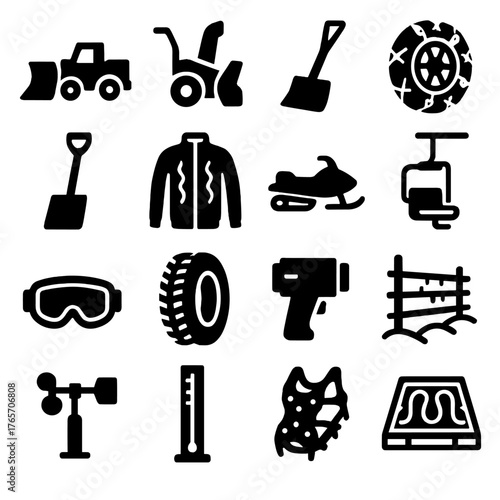 Winter Equipment Icons. Snow in technology and equipment icons in silhouette. Snow plow, snow blower, ice scraper, snow chains, snow shovel, heated