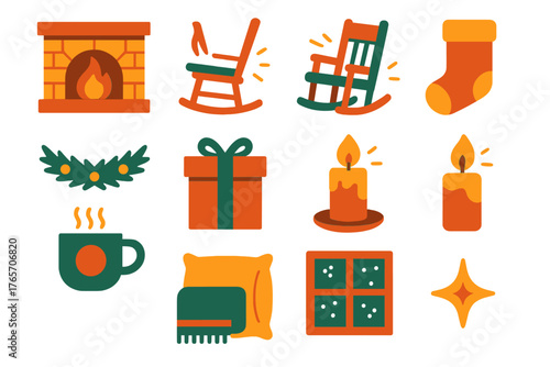 Cozy Christmas Icons. Christmas Comfort flat icons: fireplace, rocking chair, cocoa mug, candle flame, pine garland, gift box, stocking, soft pillow, blanket, warmth lines, snow