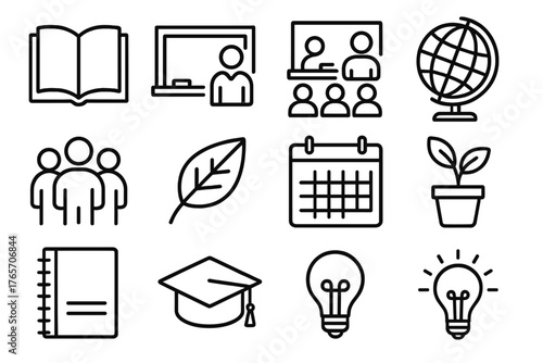 Education Icon Collection. Educational Preservation outline set: open book, chalkboard, teacher icon, classroom, globe, student group, leaf, calendar, plant, notebook, graduation